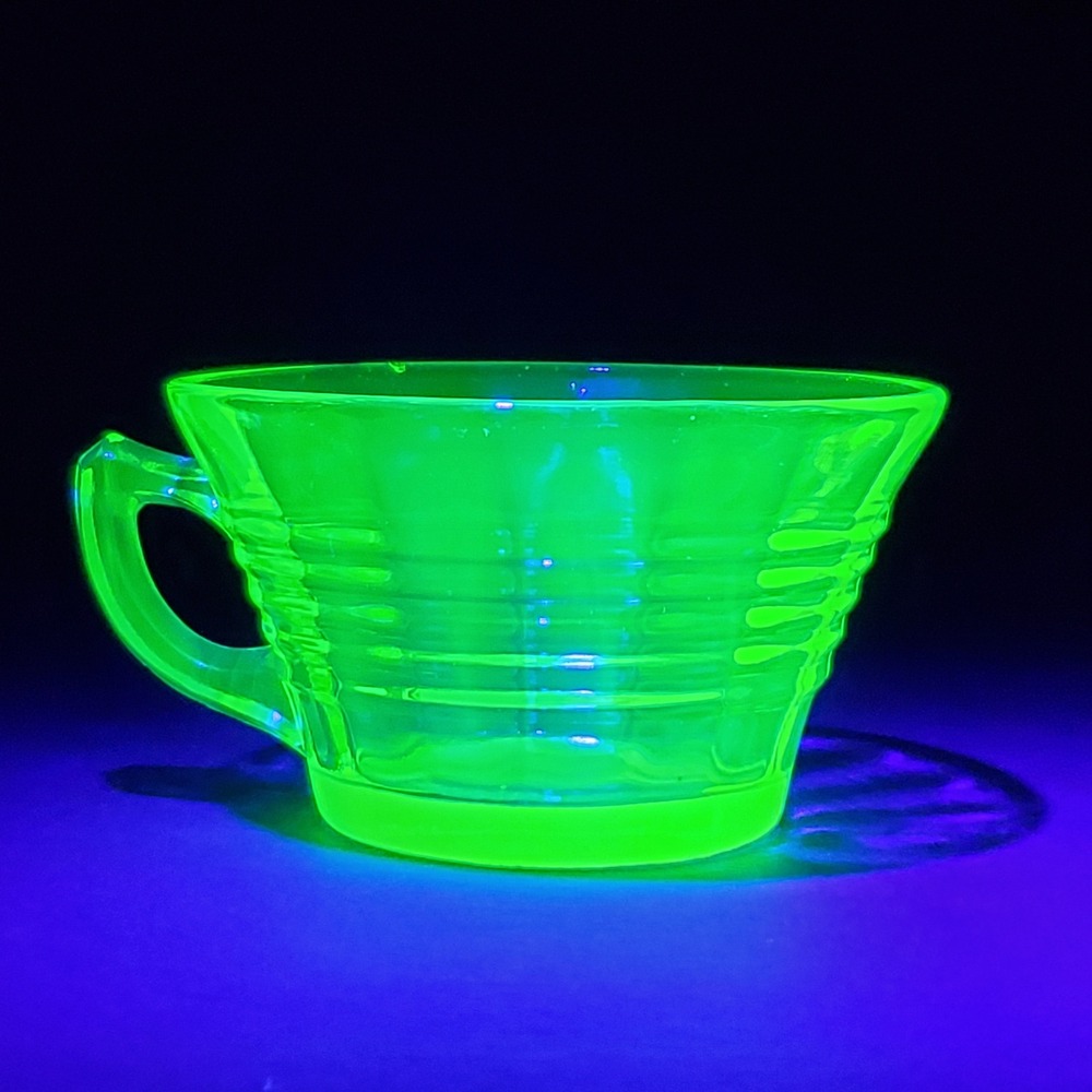 Vintage Green Uranium Glass Teacup Ribbed Depression Glass UV Glow Vaseline